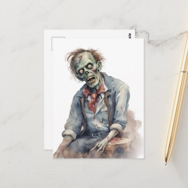 Watercolor Zombie Postcard (Front/Back In Situ)