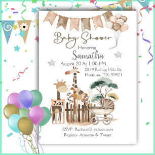 Watercolor Zoo Animals Baby Shower Invitation