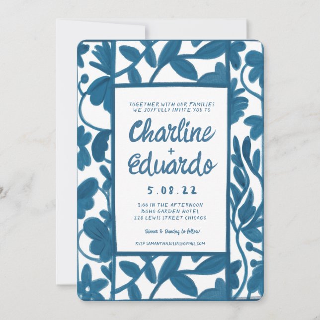 WatercolorBlue Floral Handwritting Modern Wedding  Invitation (Front)