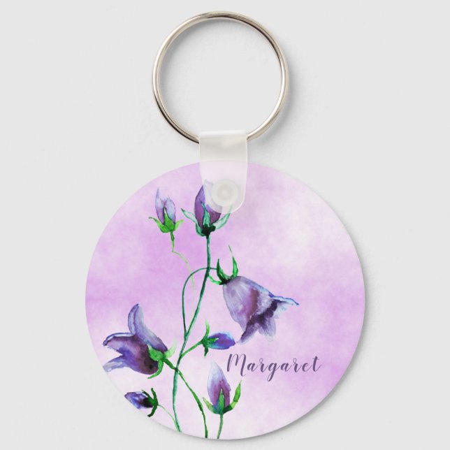 Watercolored bluebells on ultra violet add a name key ring (Front)