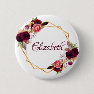 Watercolored floral burgundy gold wedding name tag 6 cm round badge