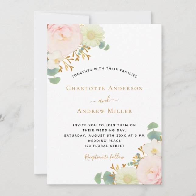 Watercolored florals pink rose gold wedding invitation (Front)
