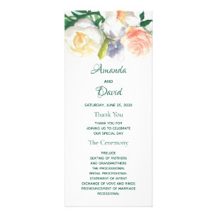 Watercolored florals white wedding program green rack card