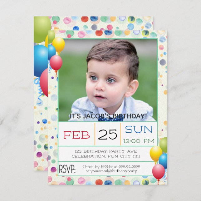 Watercolors and Balloons Photo Birthday Party Invitation (Front/Back)