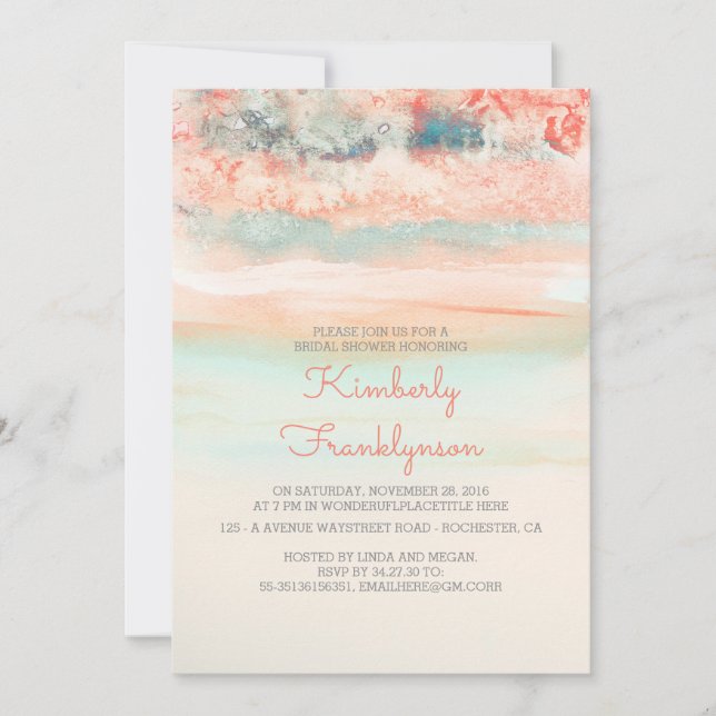 Watercolors Beach Bridal Shower Pink Blue Invitation (Front)