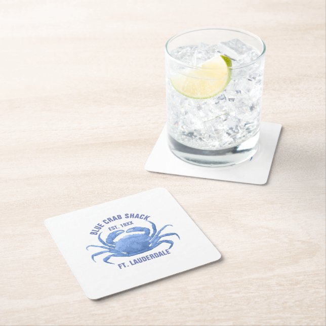 Watercolors Blue Crab Illustration Custom Text Square Paper Coaster (Insitu)