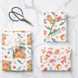 Watercolors Christmas Fireplace Fir Presents Gnome Wrapping Paper Sheet