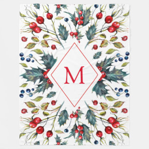 Watercolors Christmas holly monogram Fleece Blanket