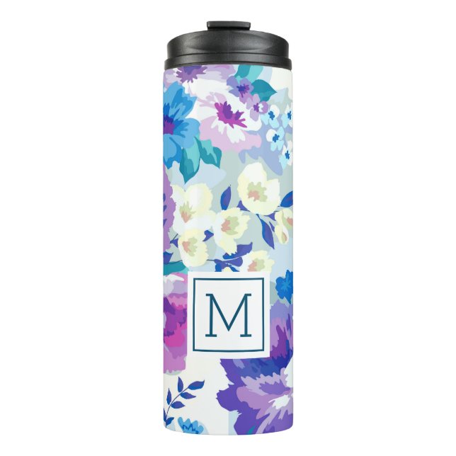 Watercolors colourful summer flowers pattern thermal tumbler (Front)