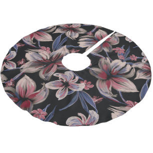 Watercolors Crimson Floral on Black Brushed Polyester Tree Skirt