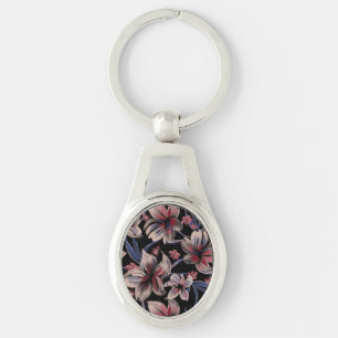 Watercolors Crimson Floral on Black Key Ring