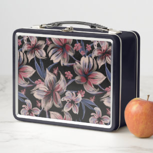 Watercolors Crimson Floral on Black Metal Lunch Box