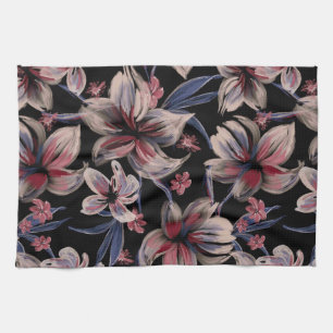 Watercolors Crimson Floral on Black Tea Towel