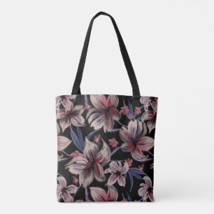 Watercolors Crimson Floral on Black Tote Bag