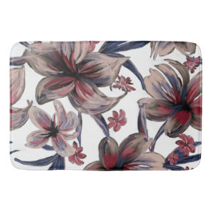 Watercolors Crimson Floral on White Bath Mat