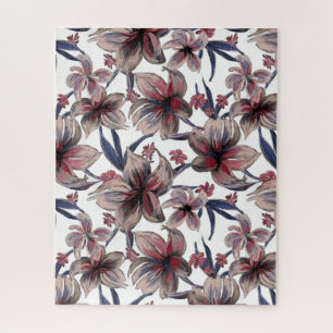 Watercolors Crimson Floral on White Jigsaw Puzzle