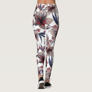Watercolors Crimson Floral on White Leggings