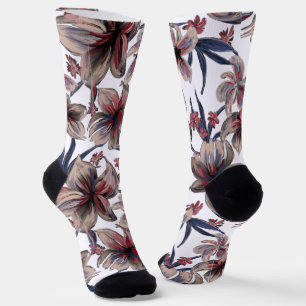 Watercolors Crimson Floral on White Socks