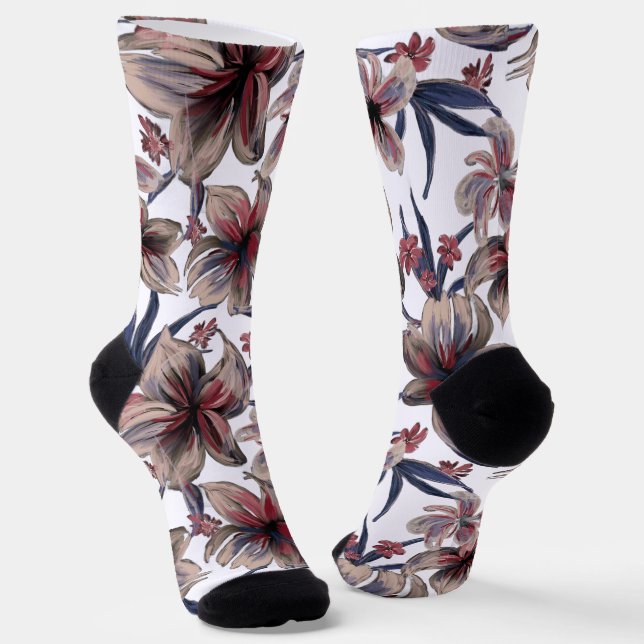 Watercolors Crimson Floral on White Socks (Angled)
