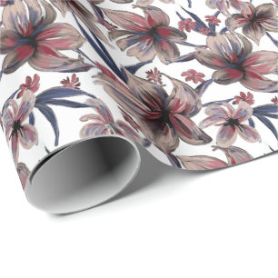 Watercolors Crimson Floral on White Wrapping Paper