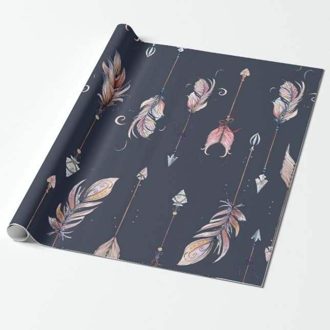 Watercolors crows & feathers pattern wrapping paper (Unrolled)