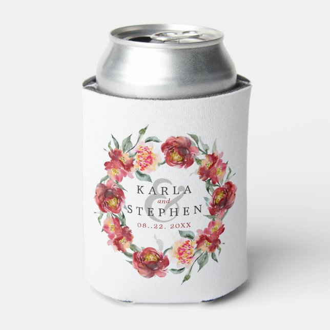 Watercolors Deep-red flowers wreath Can Cooler (Can Front)