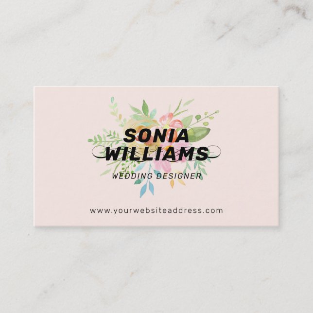 Watercolors delicate flowers bouquet business card (Front)