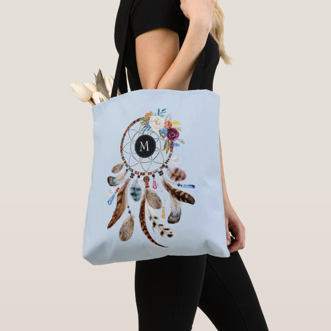 Watercolors dreamcatcher flowers & feathers tote bag (Close Up)