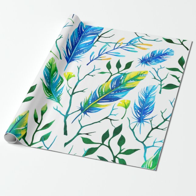 Watercolors feathers and leaves pattern wrapping paper (Unrolled)