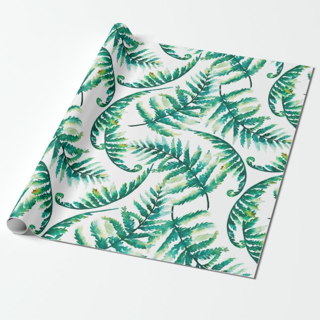 Watercolors ferns botanical pattern wrapping paper (Unrolled)