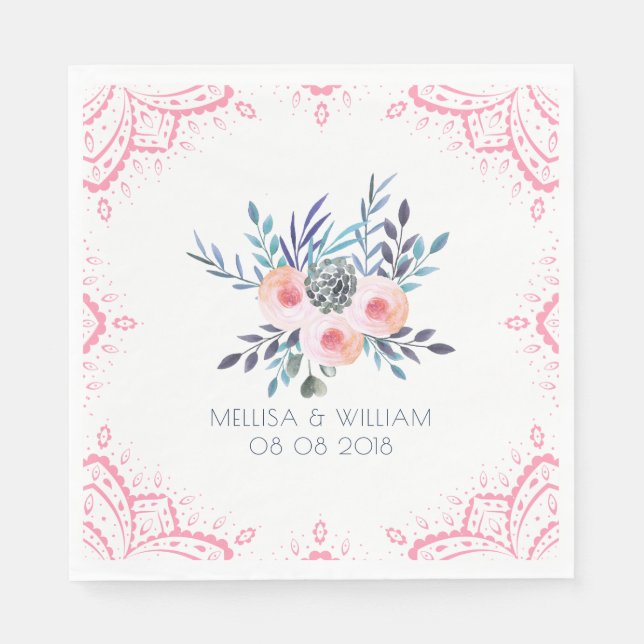 Watercolors Floral Bouquet & Pink Frame Napkin (Front)