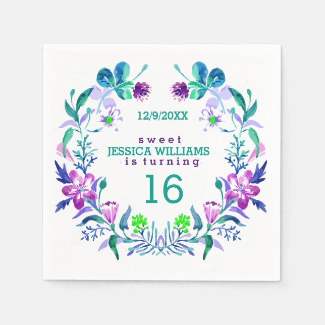 Watercolors floral wreath sweet 16 napkin (Front)