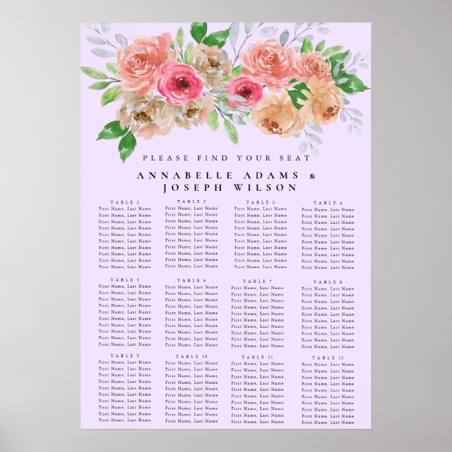 watercolors Florals Modern Botanical Seating Chart (Front)