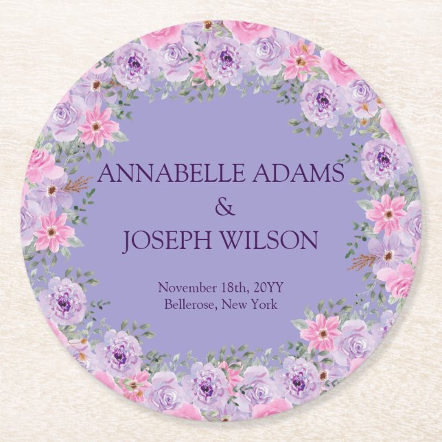 watercolors Florals Modern Botanical Wedding Round Paper Coaster (Front)