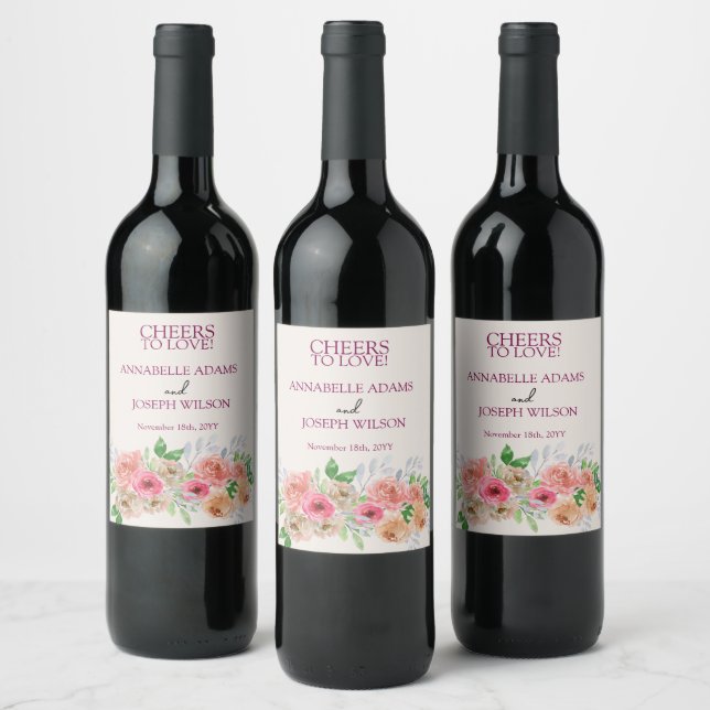 watercolors Florals Modern Botanical Wedding Wine Label (Bottles)