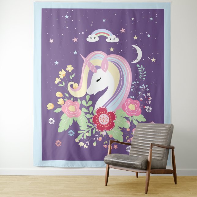 Watercolors girly unicorn illustration tapestry (In Situ)