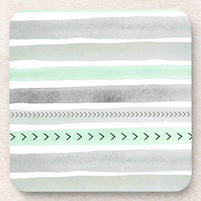 Watercolors Mint Grey Trendy Stripes Cool Pattern Coaster (Front)