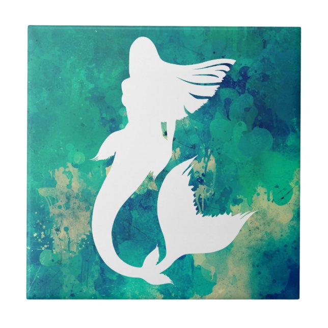 Watercolors Ocean Hues Mermaid Silhouette Tile (Front)