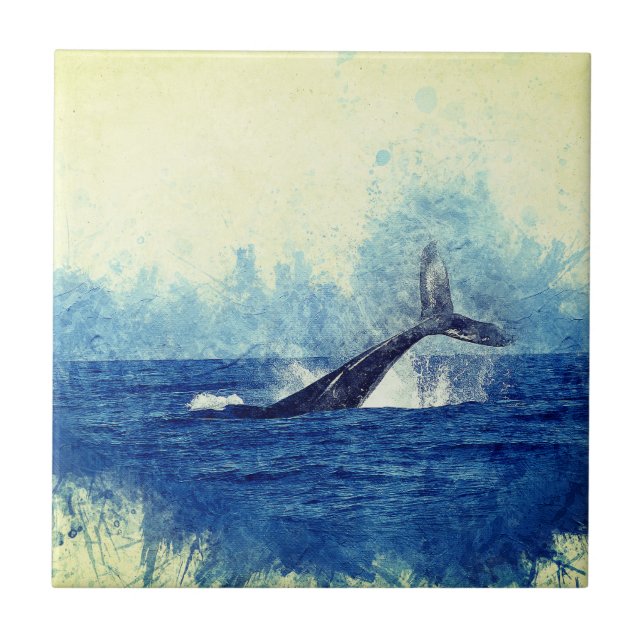 watercolors, ocean whale blue tile (Front)