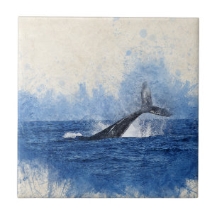watercolors, ocean whale blue tile