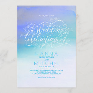 Watercolors Ombre Blue Modern Typography Wedding Invitation