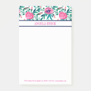 Watercolors Pink Flowers Green Leafs Post-it Notes