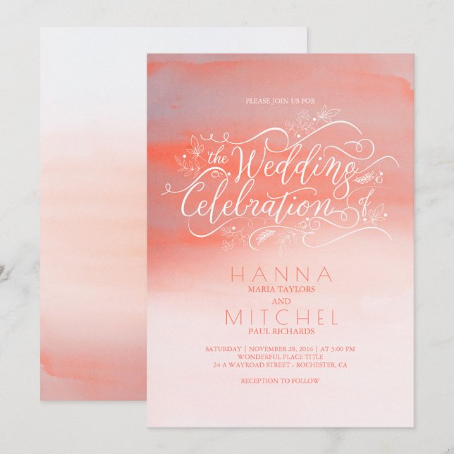 Watercolors Pink Modern Typography Wedding Invites (Front/Back)