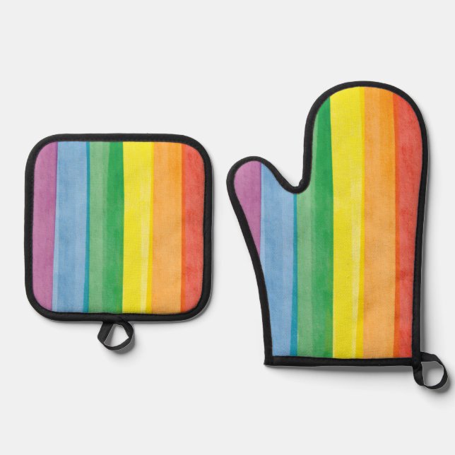 Watercolors Pride Rainbow Oven Mitt & Pot Holder Set (Front)