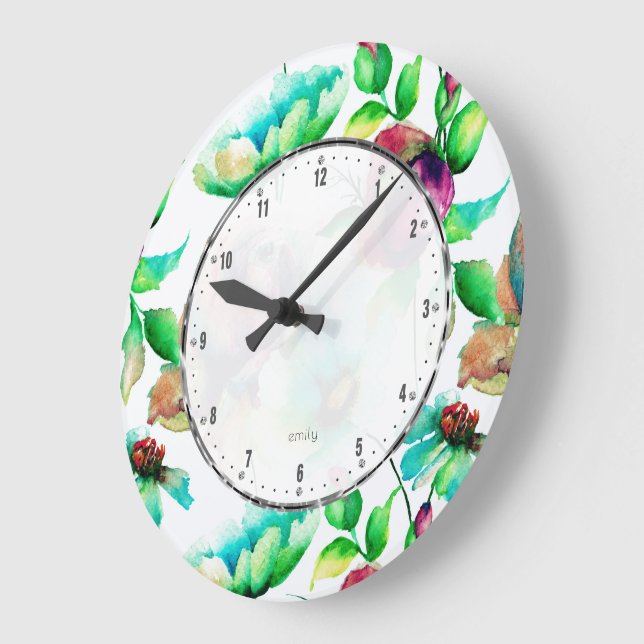 Watercolors Red Budding Roses On Blonde Wood Large Clock (Angle)