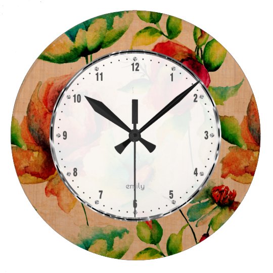 Watercolors Red Budding Roses On Blonde Wood Wall Clock