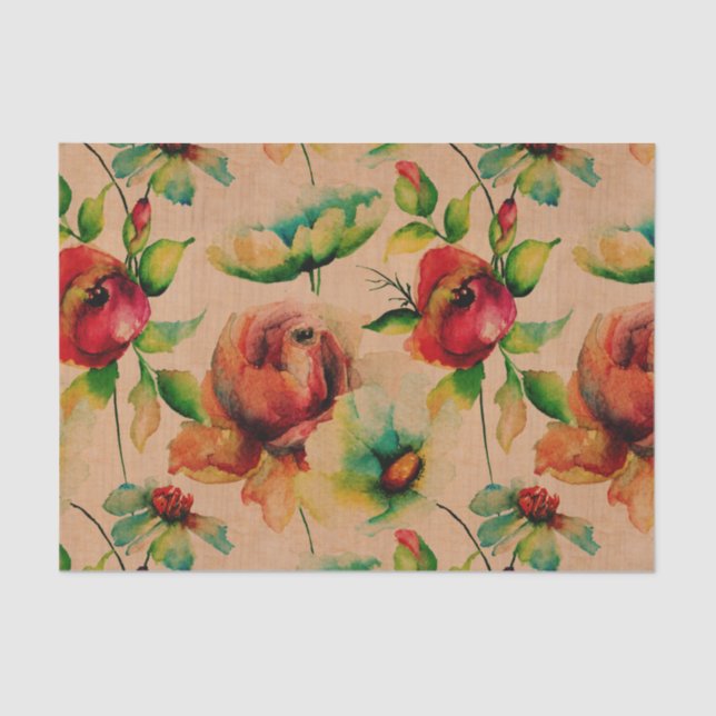 Watercolors Red Roses On Wood Tissue Paper (Front)