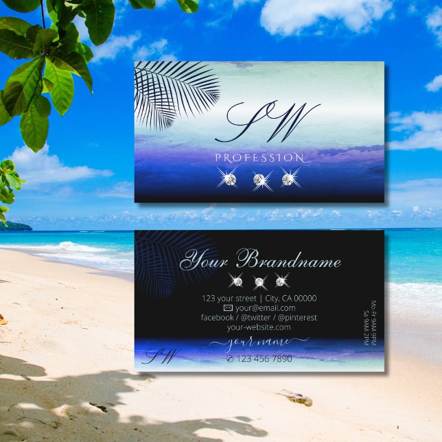 Watercolors Sky Clouds Sparkling Diamonds Initials Business Card (Creator Uploaded)
