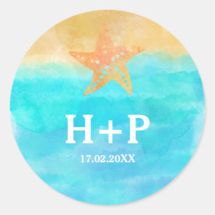 Watercolors Starfish Wedding Initials Classic Round Sticker