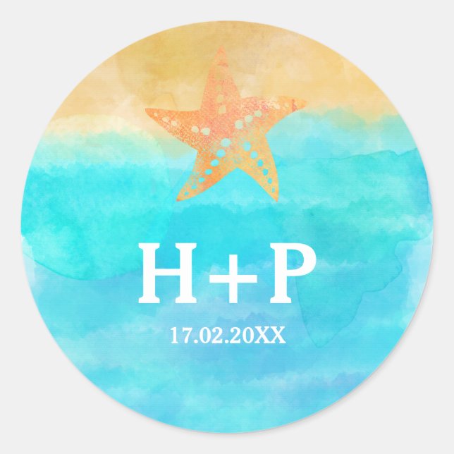 Watercolors Starfish Wedding Initials Classic Round Sticker (Front)